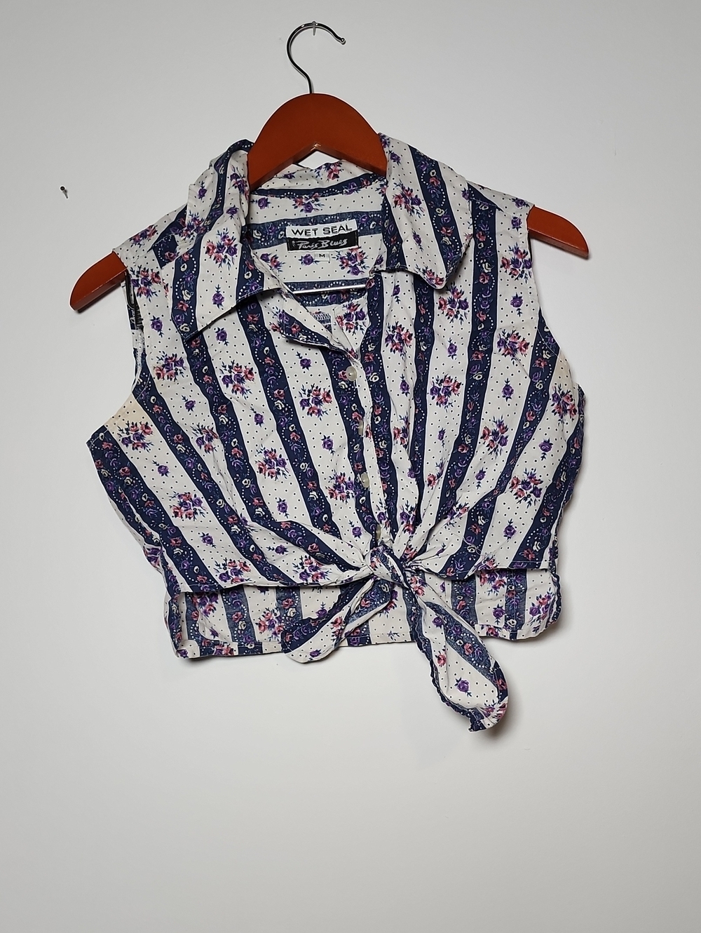 Wet Seal White & Navy Floral Stripe Tie-Front Collared Crop Top